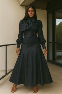 Denim Elegance Bow-Neck Maxi Dress