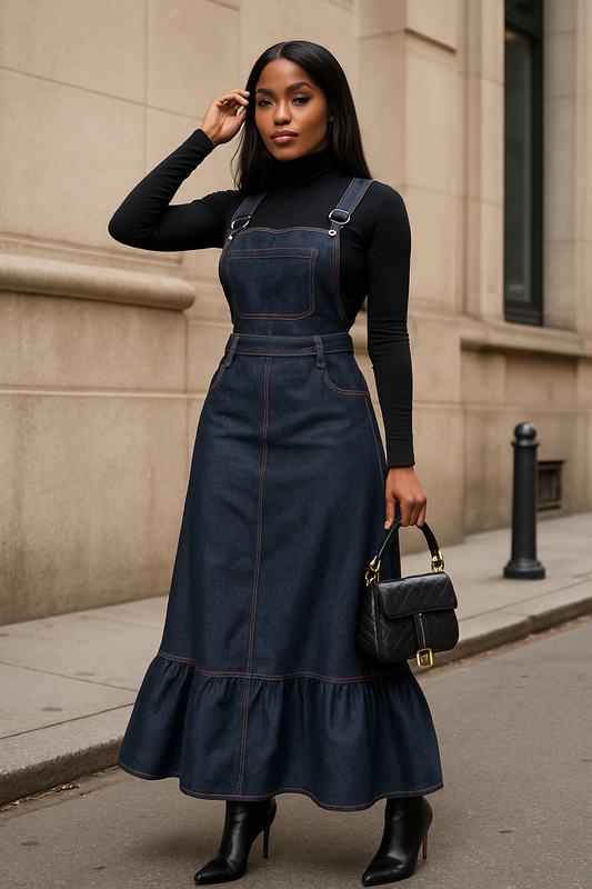 Denim Ruffle Hem Overalls Dress