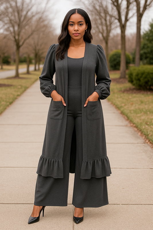 Modest Charcoal Ruffle Hem Cardigan & Pant Set