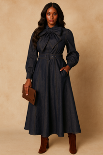 Denim Elegance Bow-Neck Maxi Dress